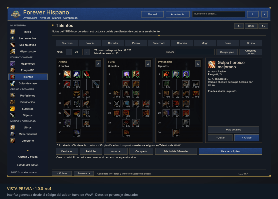 Thumbnail Calculadora para las nueve clases: consulta talentos, crea y guarda builds. Vista previa RC4 fuera de WoW, con datos simulados. Revisión del árbol en el cliente pendiente.