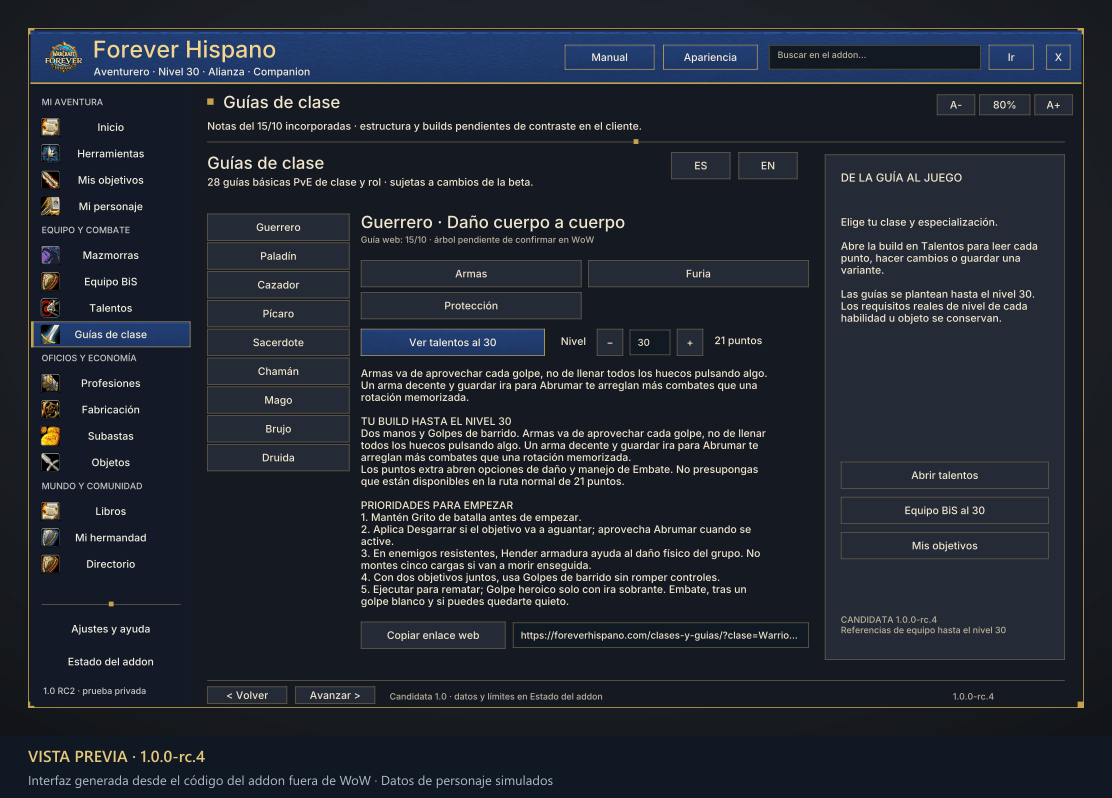 Thumbnail Guías por clase y rama hasta nivel 30, prioridades y acceso a la calculadora. Vista previa RC4 generada desde el código fuera de WoW; datos de personaje simulados.