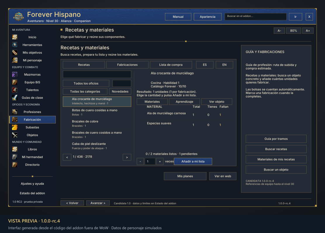 Thumbnail Busca recetas y prepara tu lista de materiales. Vista previa RC4 generada desde el código fuera de WoW, con datos simulados. La fabricación se realiza en el juego.