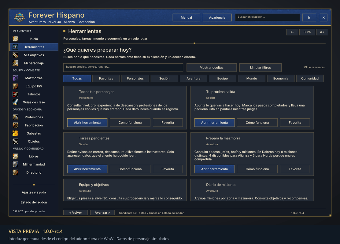 Thumbnail Buscador de herramientas, favoritos y accesos a personajes, equipo y economía. Vista previa RC4 generada fuera de WoW, con datos de personaje simulados.