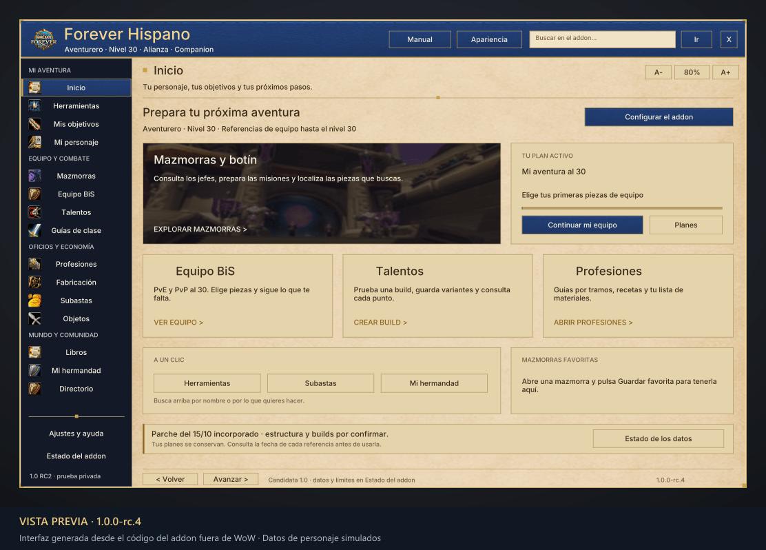 Thumbnail El nuevo Inicio con el tema claro Pergamino. Vista previa RC4 generada desde el código fuera de WoW, con datos de personaje simulados; no es una captura en juego.