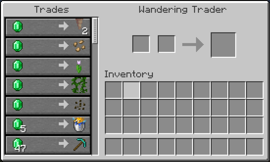 A wandering trader offering back a lost diamond pickaxe for 47 emeralds, after its normal trades