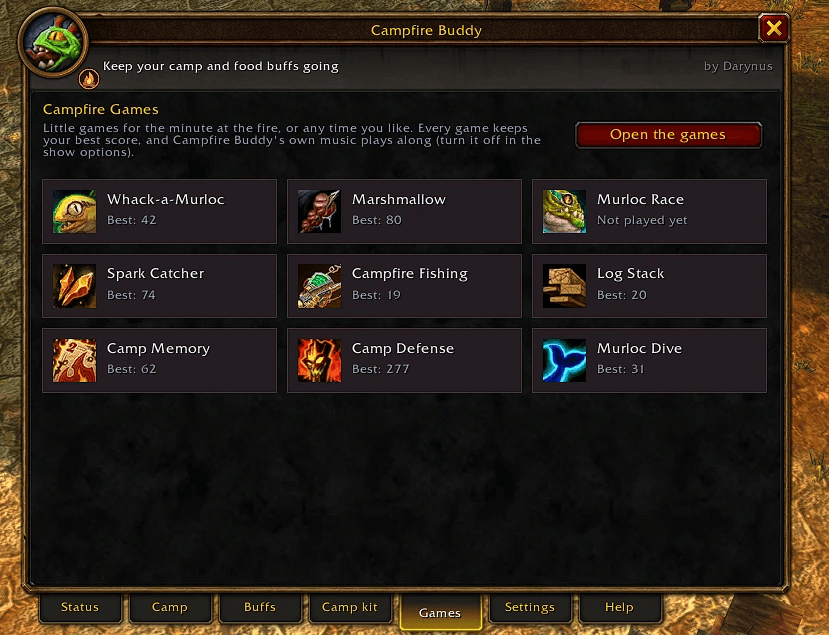 Thumbnail Nine campfire games, one click away, each with your best score.