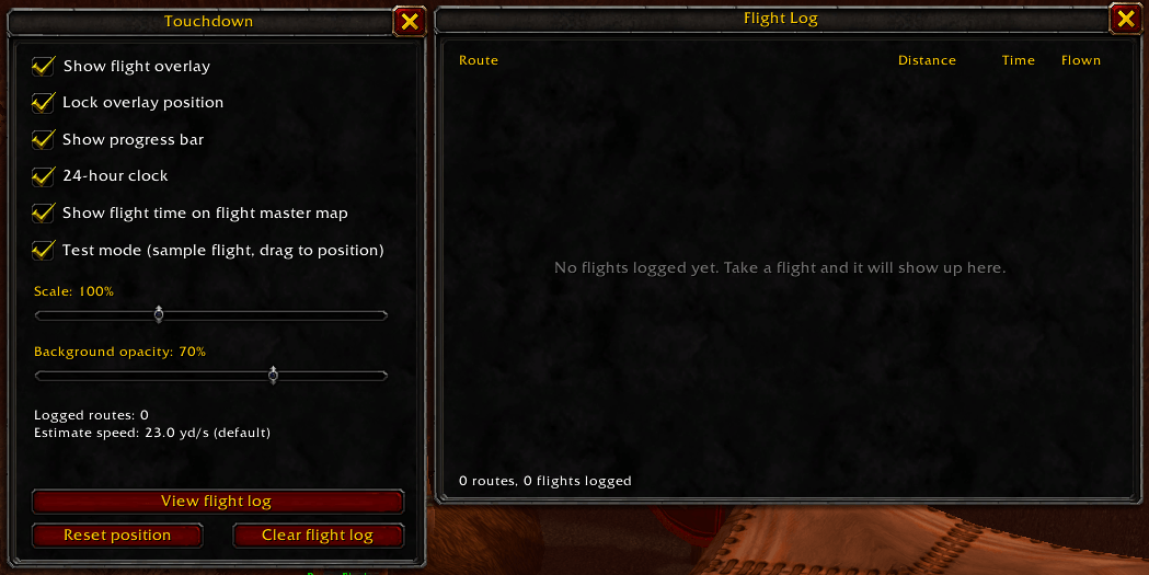 Options window and flight log