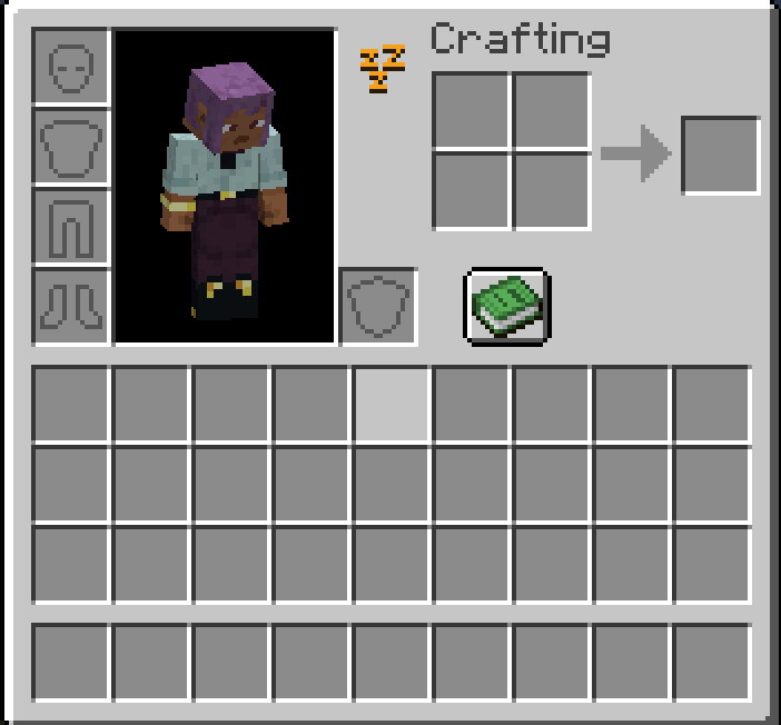 The inventory with the tiredness icon next to the player, coloured orange because this player has gone two nights without sleep