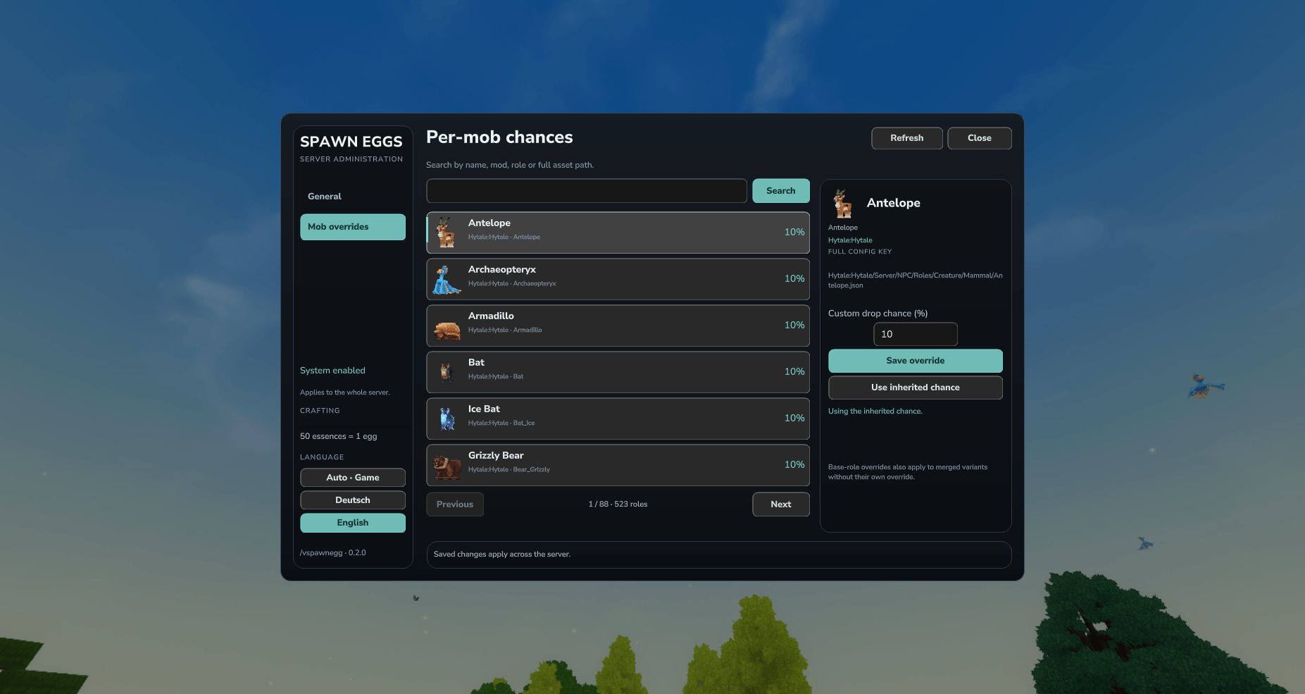 Per-mob essence chances with full asset path