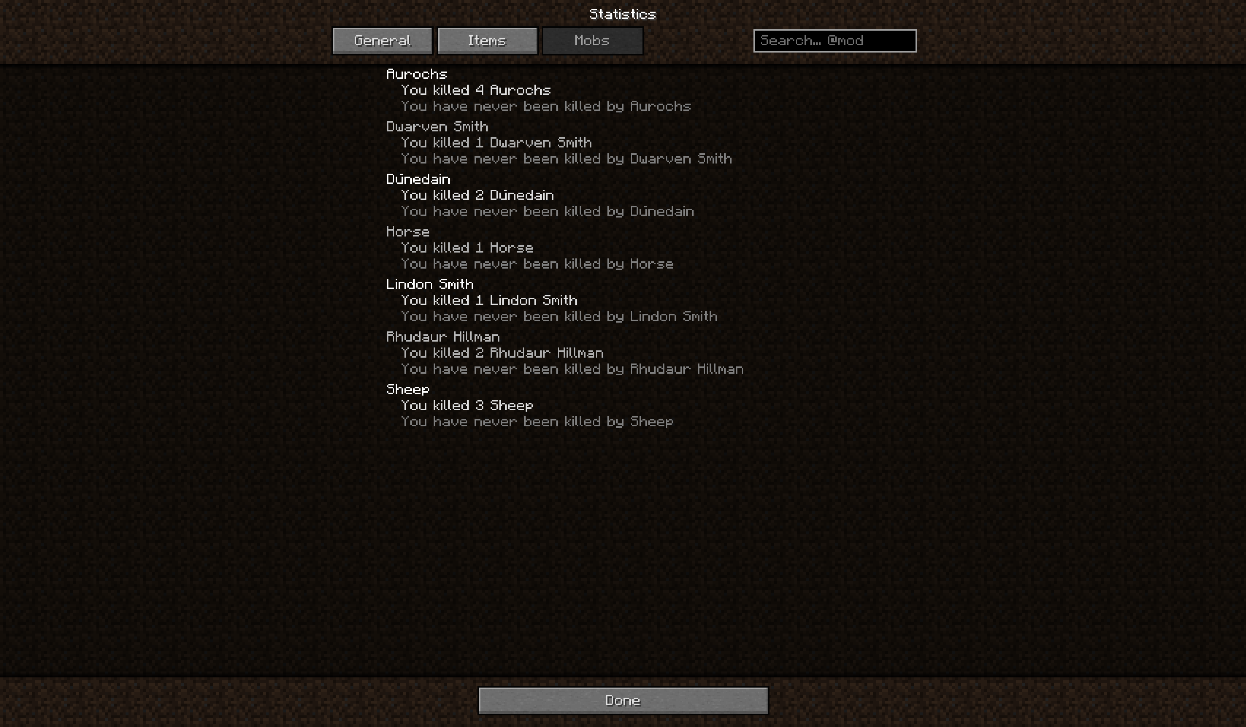 Kills and deaths for vanilla and modded mobs.