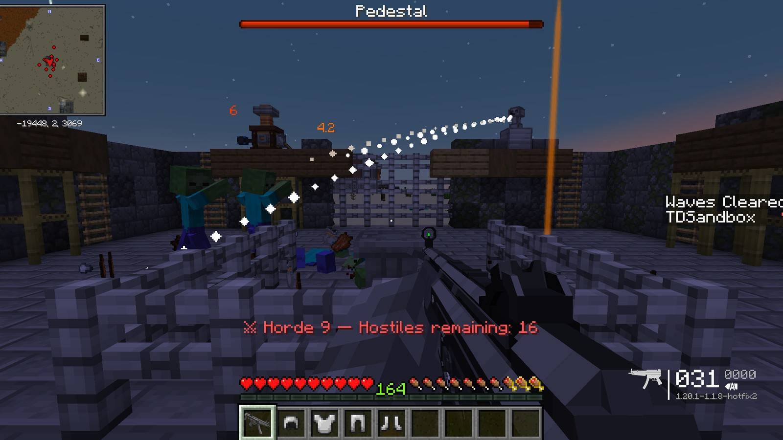 Thumbnail Mid-wave from the courtyard, with the Pedestal's health bar.
