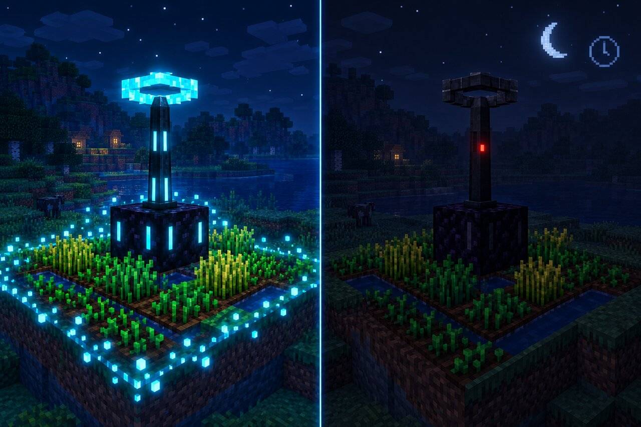 The same anchor shown lit and holding its chunk on the left, and dark with a red lamp while its owner is away on the right