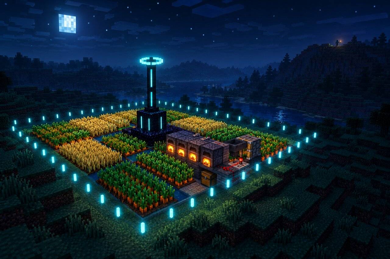 A farm chunk outlined in cyan particles, crops grown and furnaces lit, while the player walks away in the distance