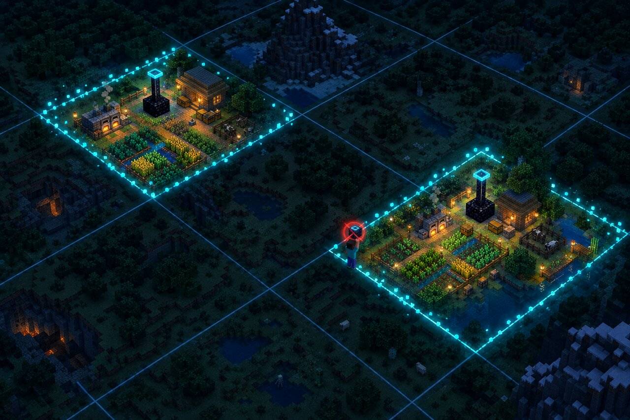 A grid of chunks at night with exactly two lit and anchored, a player holding a refused third anchor