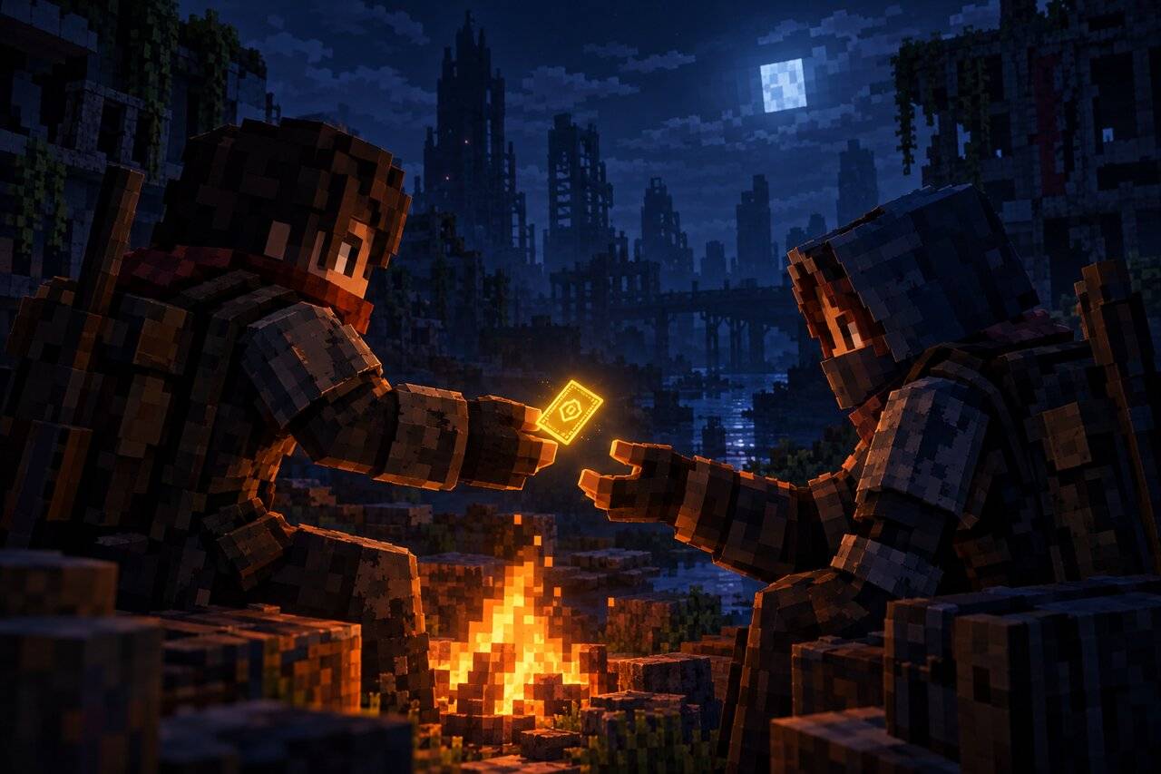 One survivor hands another a glowing gold Credit Chip by a campfire