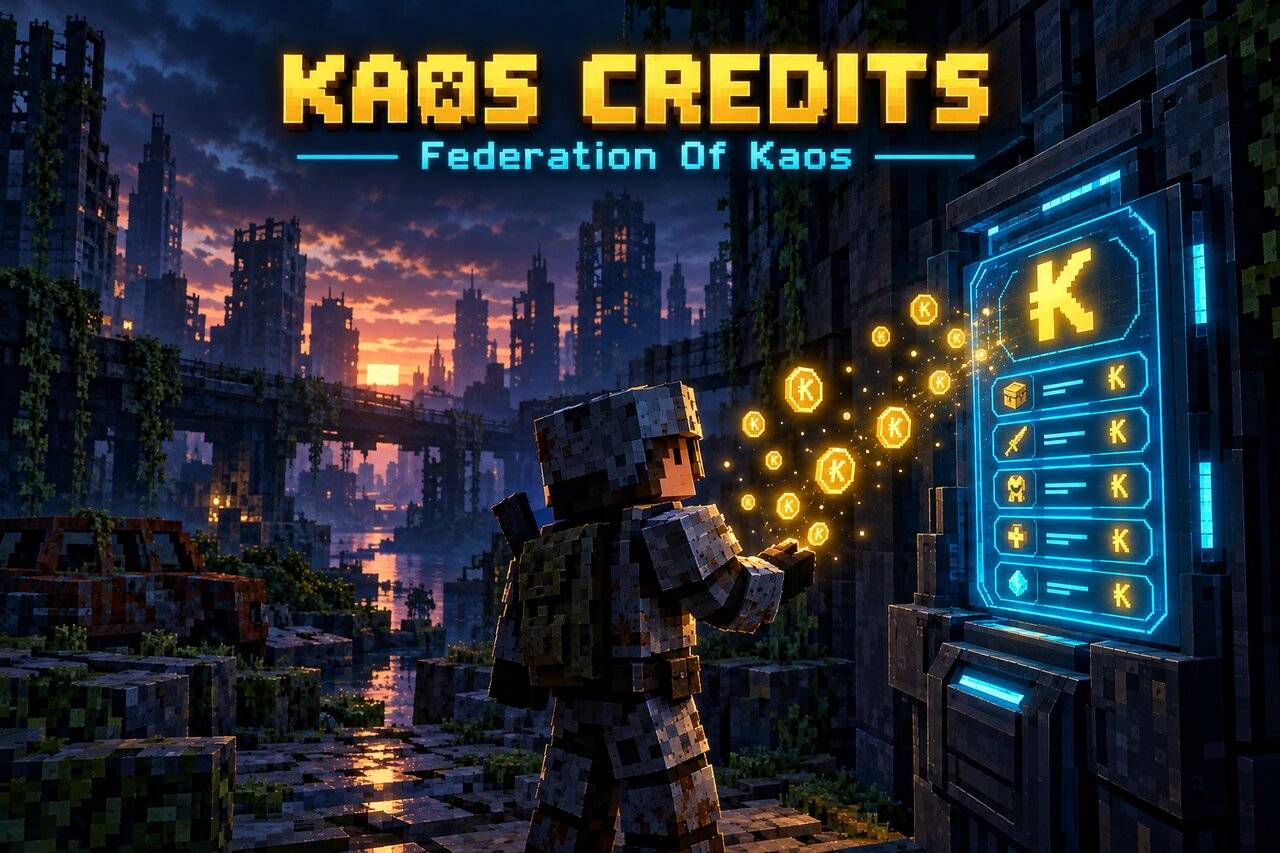 Kaos Credits: a survivor at a glowing Federation Broker terminal