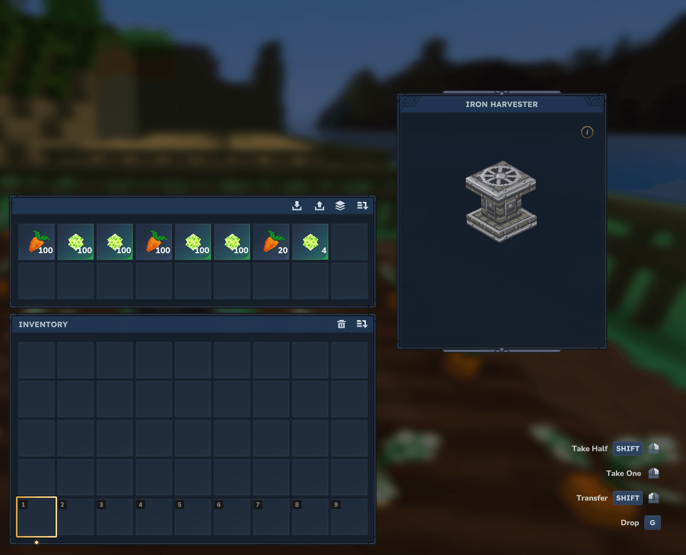 Thumbnail Press Use (F) on a Harvester to open its storage. Here an Iron Harvester full of carrots and Life Essence from the farm around it.