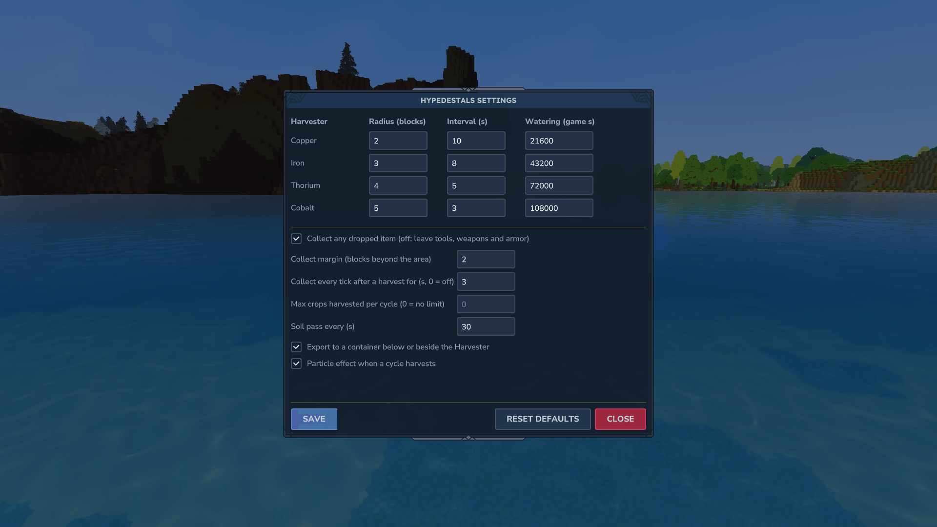Thumbnail Operators can change radius, interval and watering time per tier, plus the global options, with /hypedestals config.