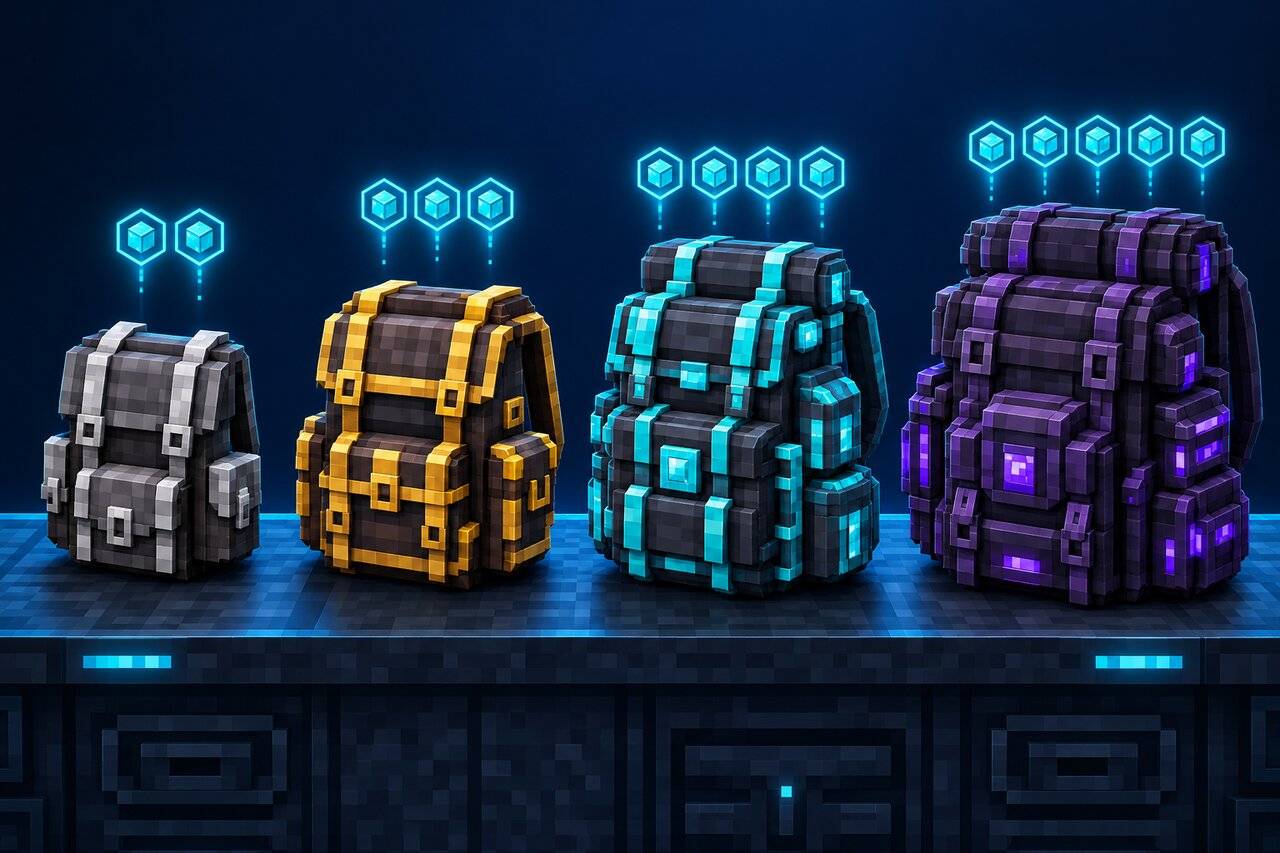 Iron, gold, diamond and netherite Carry Packs with two to five augment slots above them