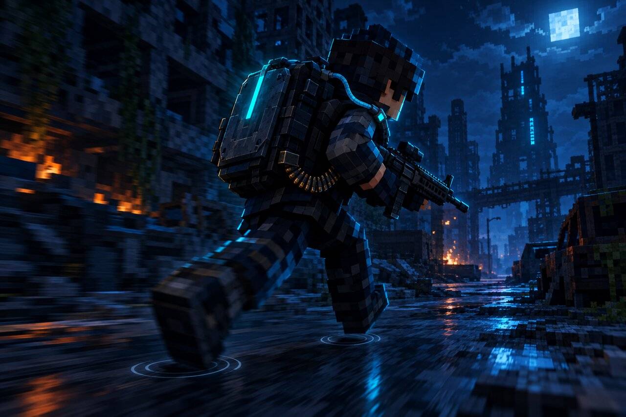 A survivor sprinting with a pack that feeds ammo to their rifle, a hydration tube and an armoured back panel
