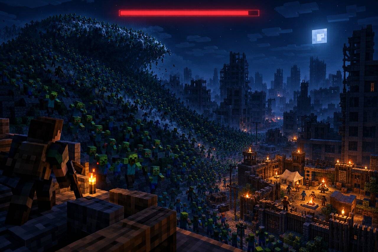 A wave of infected crests a hill toward a torch-lit survivor camp under a glowing red heat bar