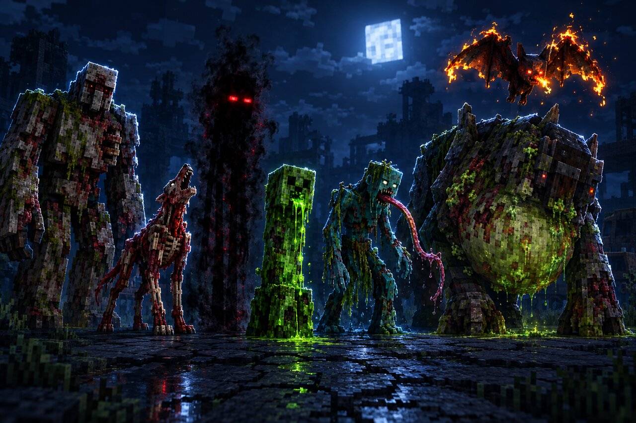 A lineup of the seven Special Infected: Brute, Screamer, Stalker, Spitter, Lasher, Bloater and Death Bat