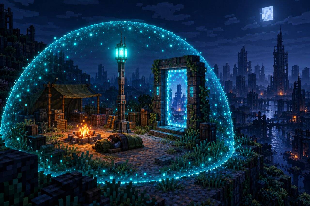 A camp under a Perimeter Beacon's particle dome, with a sleeping bag by the fire and a City Waystone gate at its edge