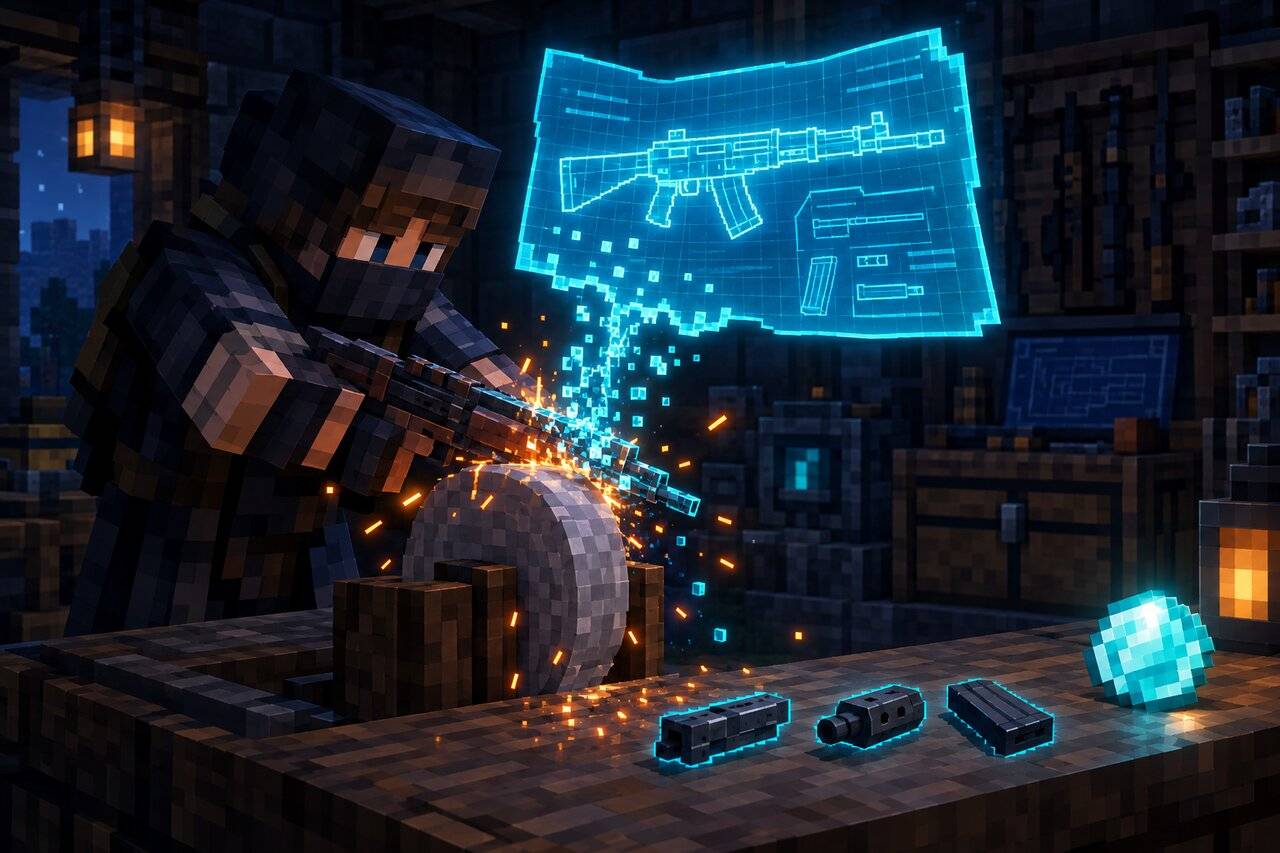 A found rifle ground into a glowing Weapon Blueprint at a grindstone, parts dropping onto the bench