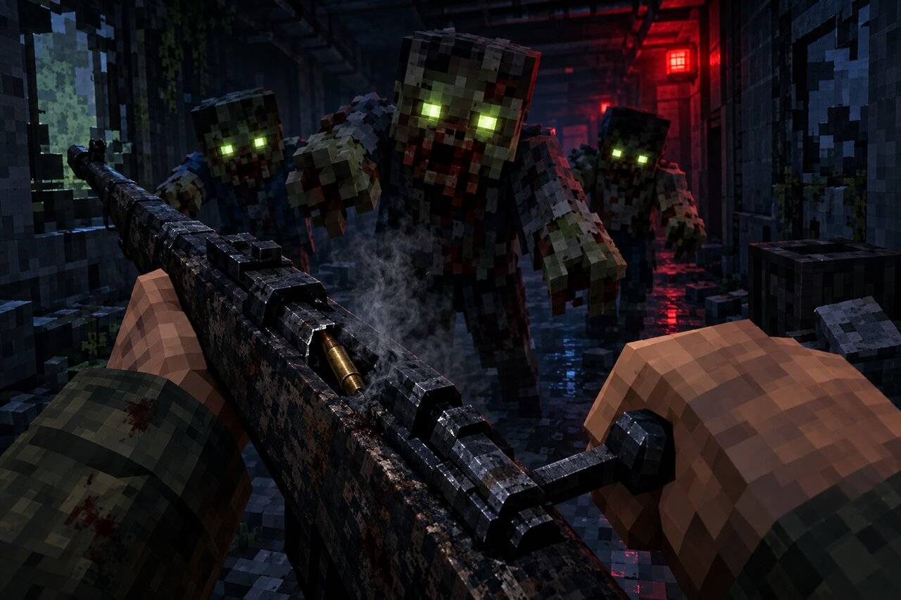 A soot-blackened rifle jams mid-fight as infected close in down a dark corridor