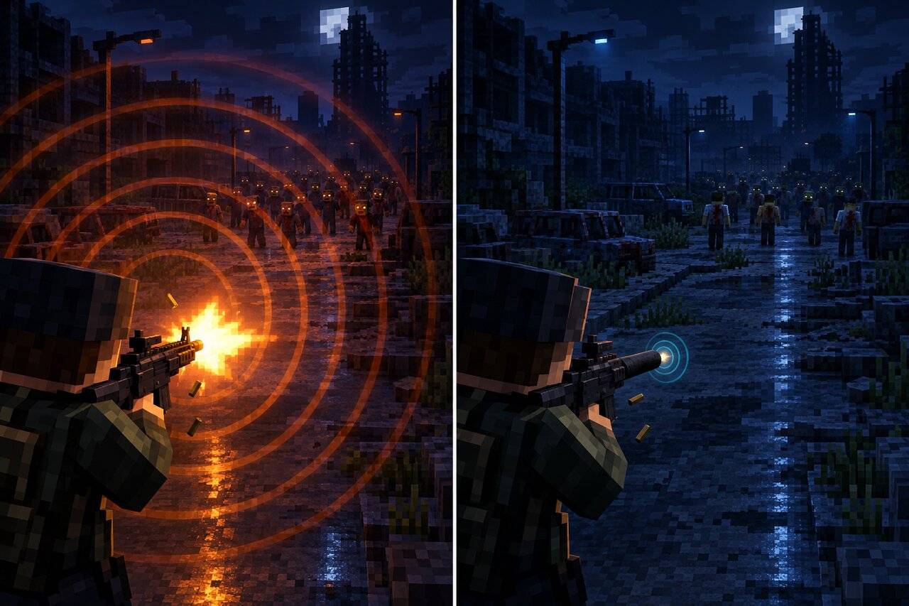 Unsuppressed fire fills a street with sound rings while a suppressed rifle makes only small ones