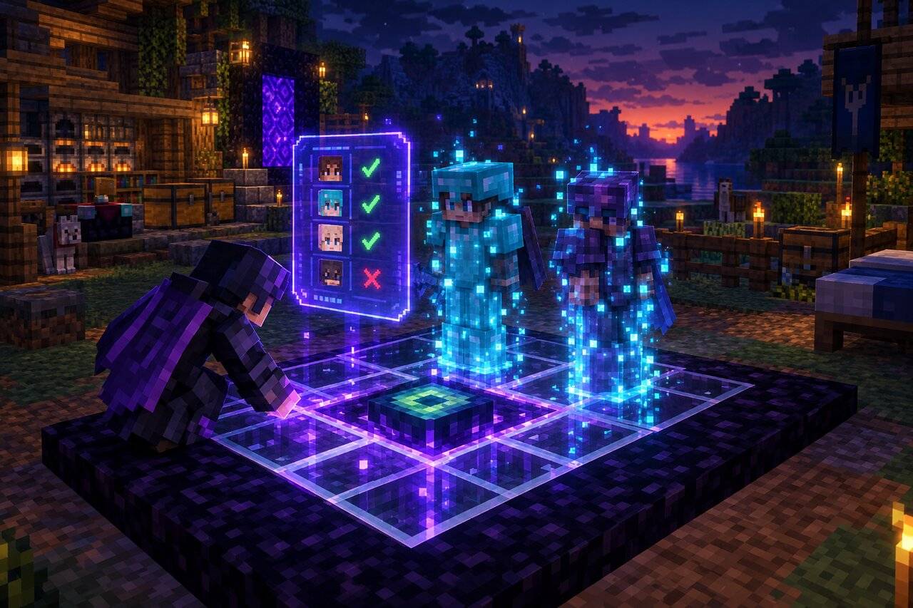 A survivor at an obsidian-and-glass Pocket Portal pad with a hovering guest list while friends shimmer in