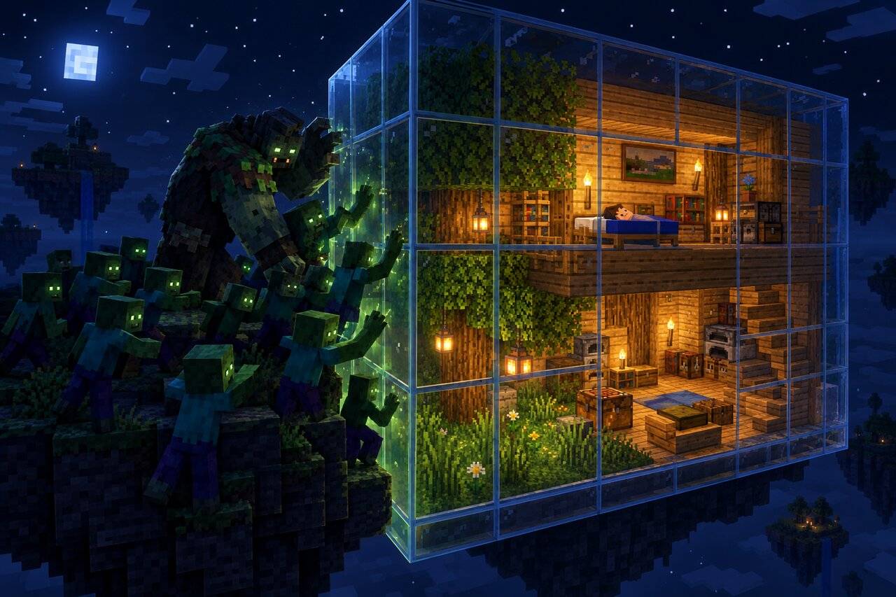 A survivor sleeps in a glass box home while infected claw uselessly at the glass outside