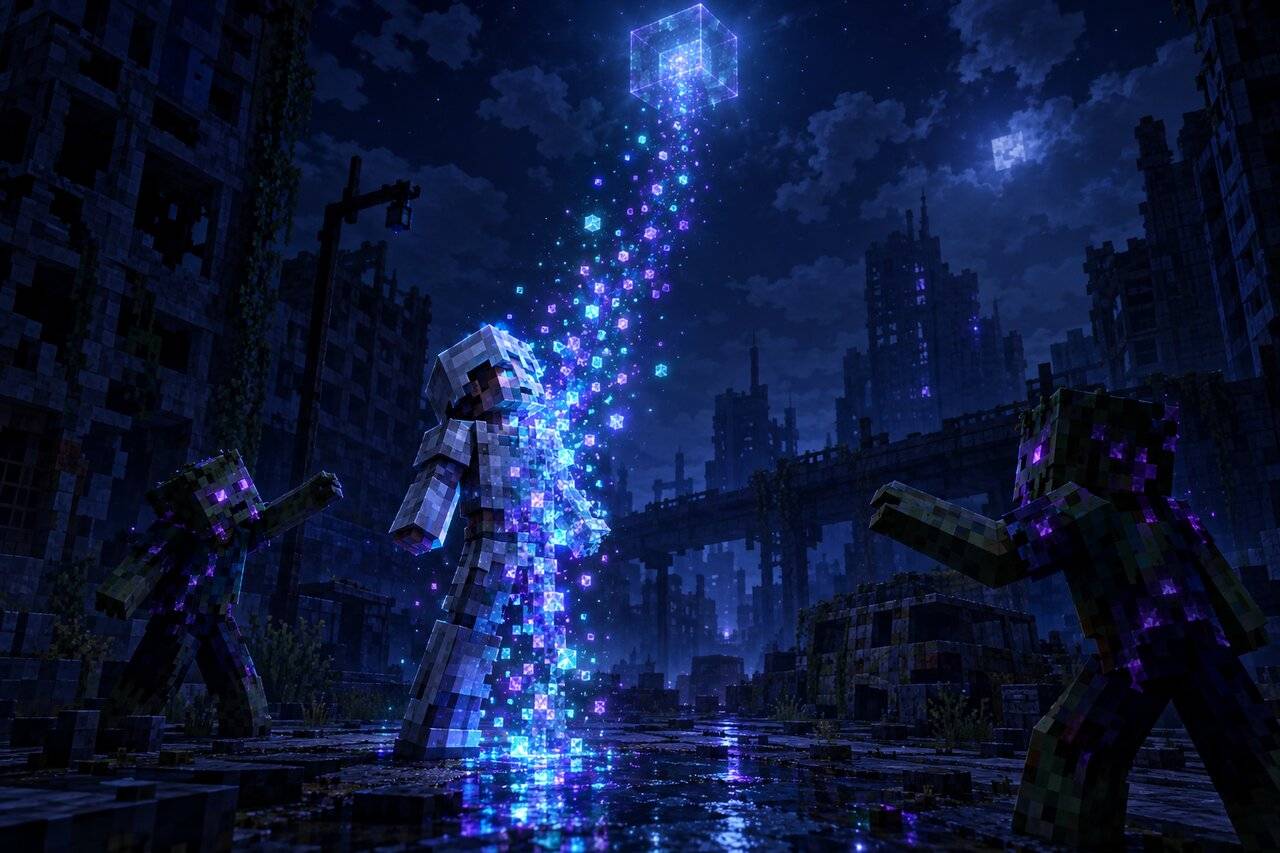 A survivor dissolves into cyan motes in a ruined street while infected grab at empty air