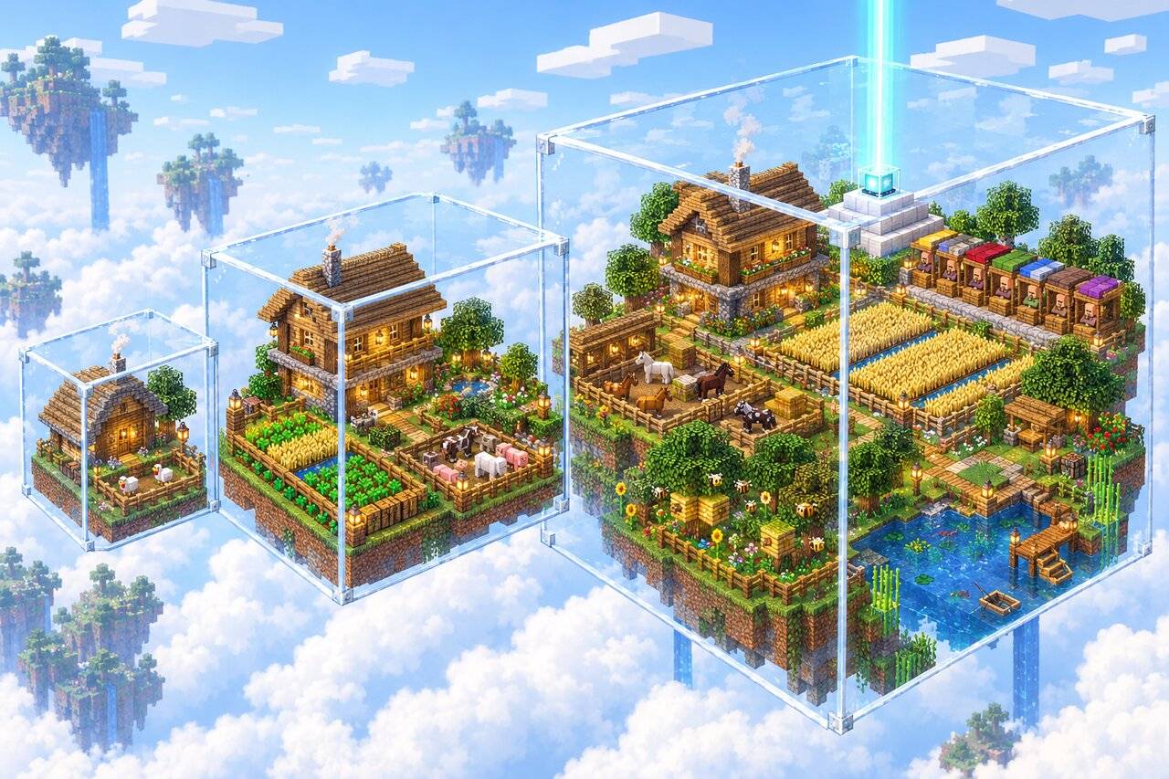 Three floating glass boxes from a small cabin to a huge estate with a beacon and trading hall