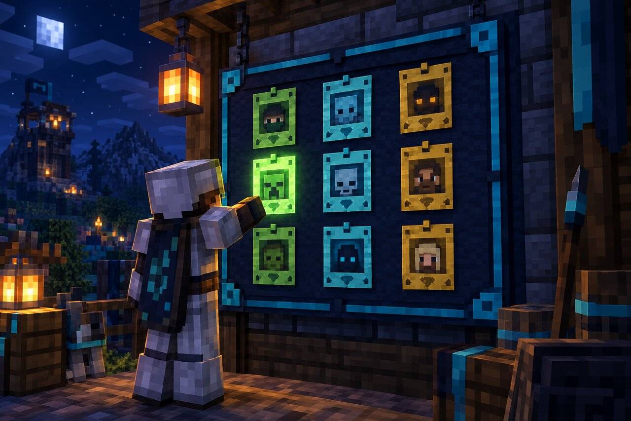 A survivor at the navy-and-cyan Bounty Board with nine posting cards in three tier columns