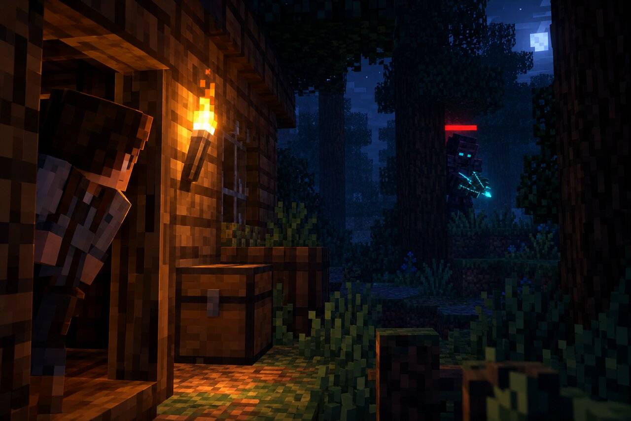 A survivor peers from a torch-lit cabin while a netherite mark watches from the dark trees