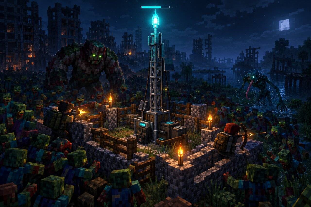 Two survivors defend a glowing Relay Mast inside hasty walls against a siege of infected, a Brute and a Lasher
