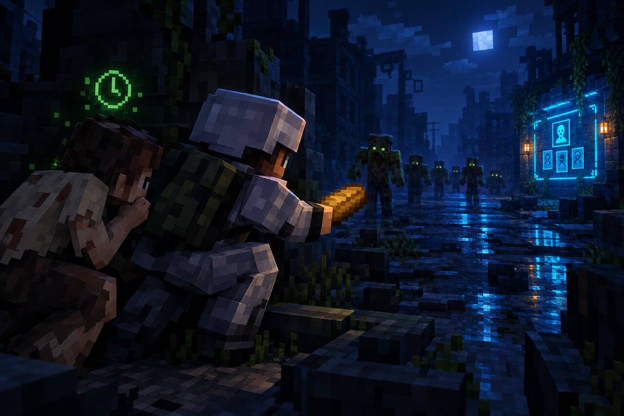 A survivor crouch-walks a pale civilian through a dark street, offering bread, toward a distant Bounty Board