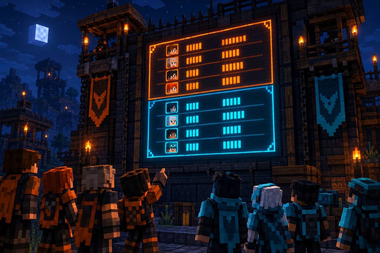 Survivors look up at a glowing scoreboard listing two teams and their tallies