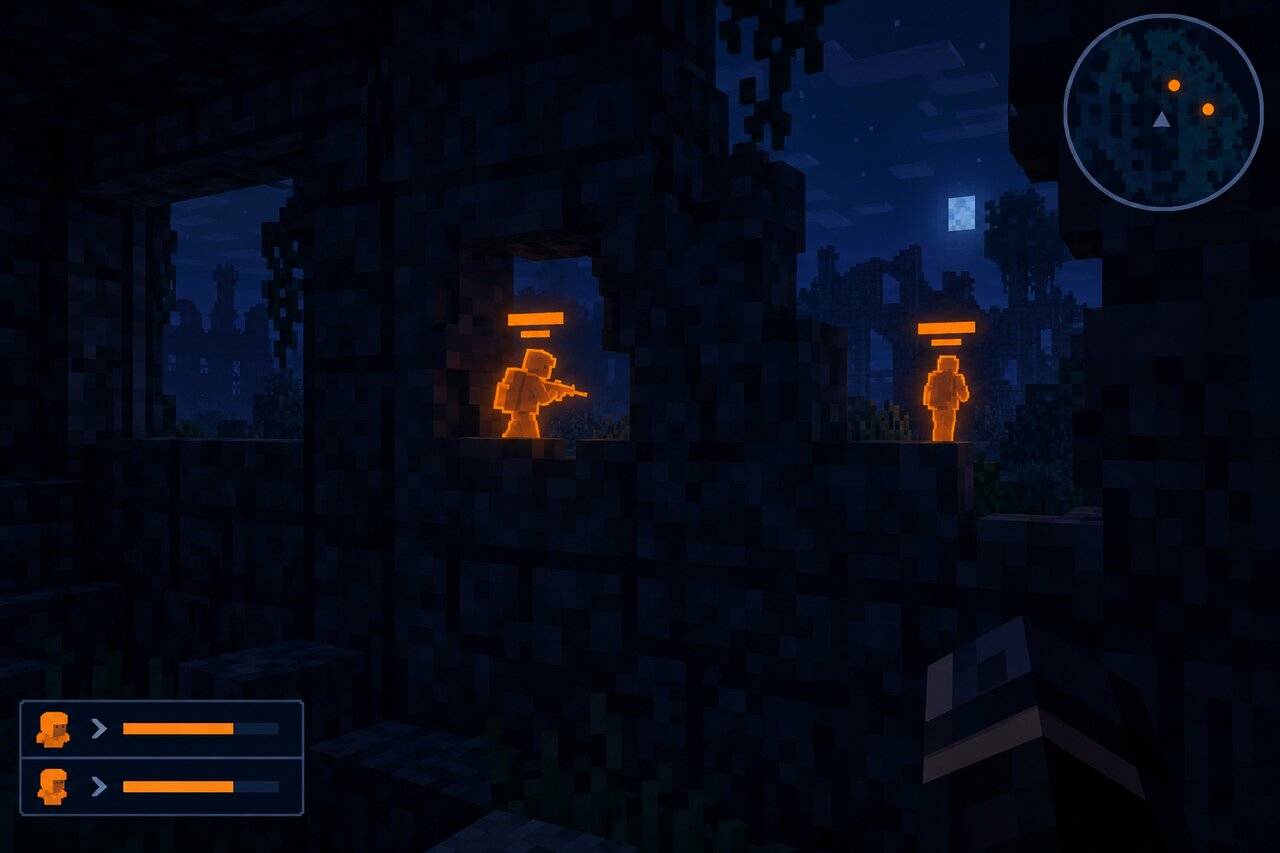 Teammates seen as glowing silhouettes through walls, with a minimap and a roster panel on the HUD