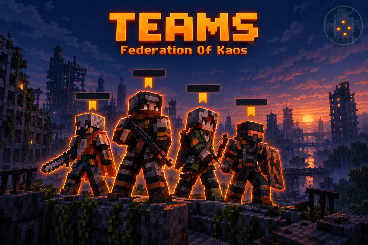 Teams: four survivors on a rooftop outlined in their team colour, name tags above each