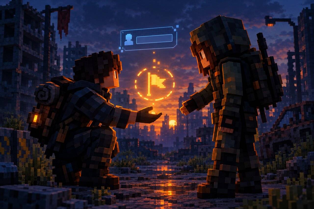 Two survivors meet face to face, one reaching out an empty hand as a glowing flag seals the pact