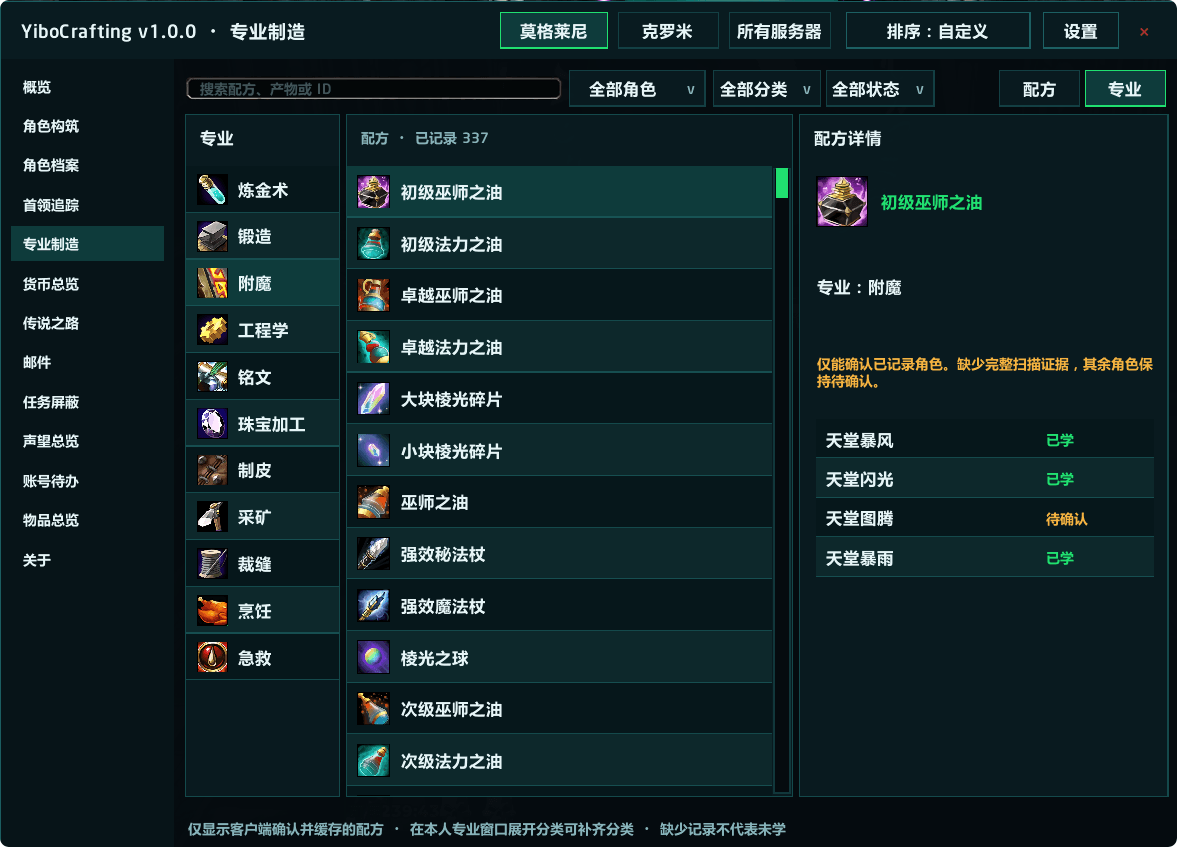 Thumbnail Browse recipes by profession and check which characters know them. Existing in-game capture; layout may vary by addon version.