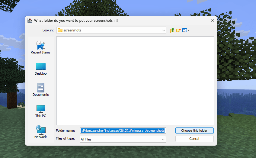 Thumbnail When you press F2 for the first time, this window appears. Choose the folder where you want your screenshots to be saved.