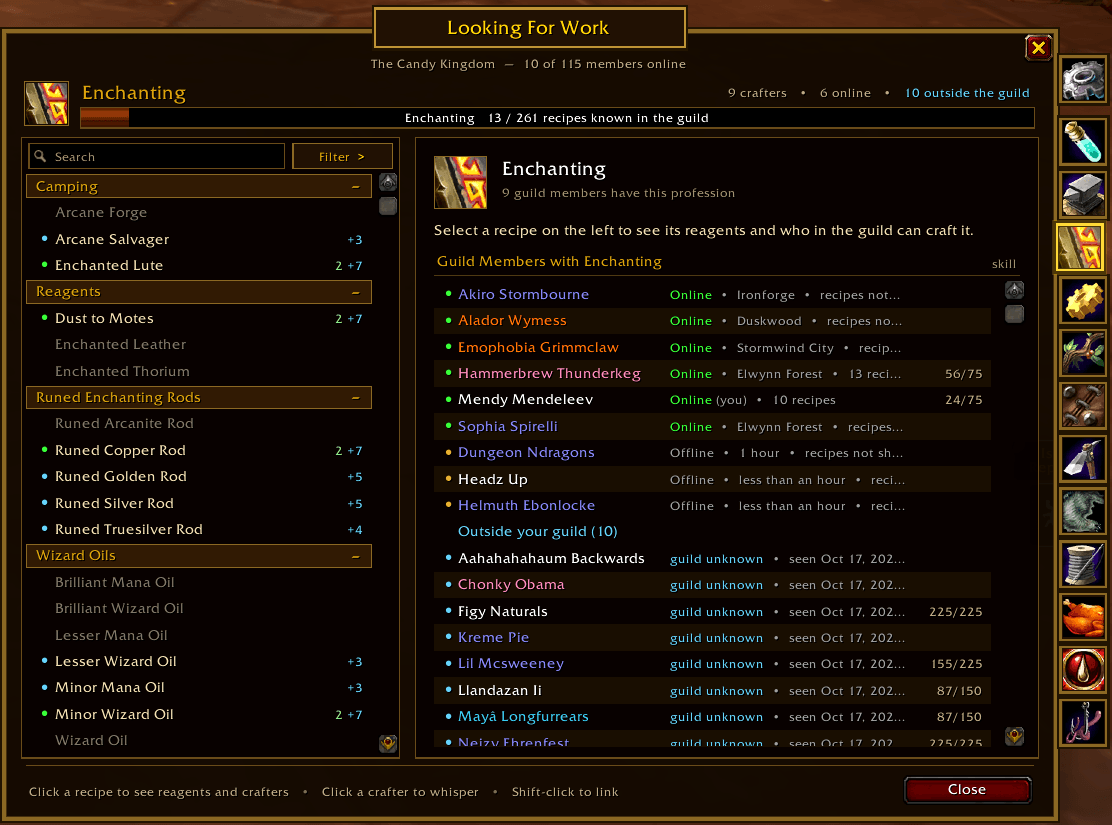 Enchanting tab with guild and non-guild enchanters