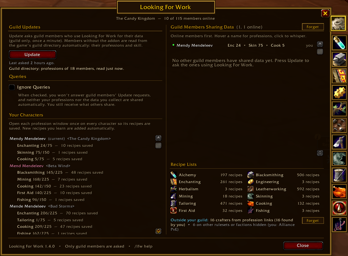 Main menu that shows all guild crafters with this addon