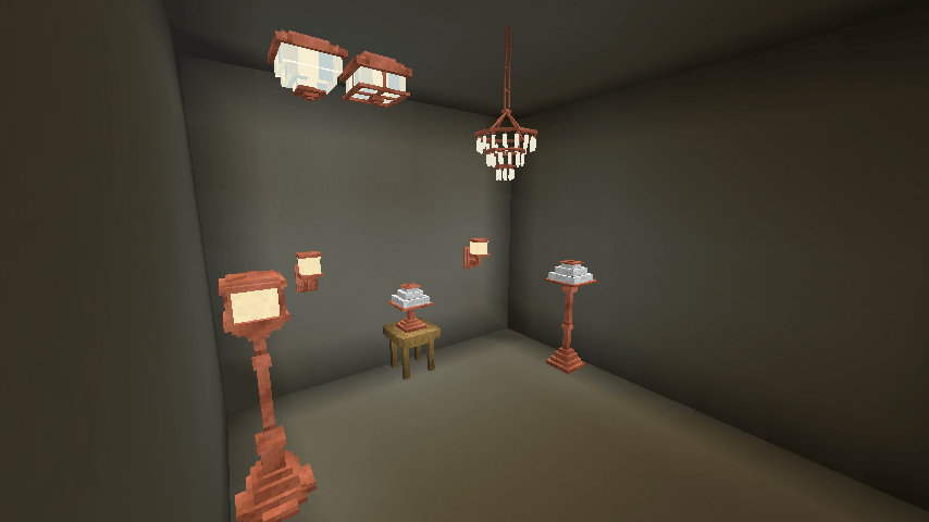 Thumbnail Lamp post (exterior style), two styles of ceiling light fixtures, chandelier, wall sconce, table lamp, and floor lamp.