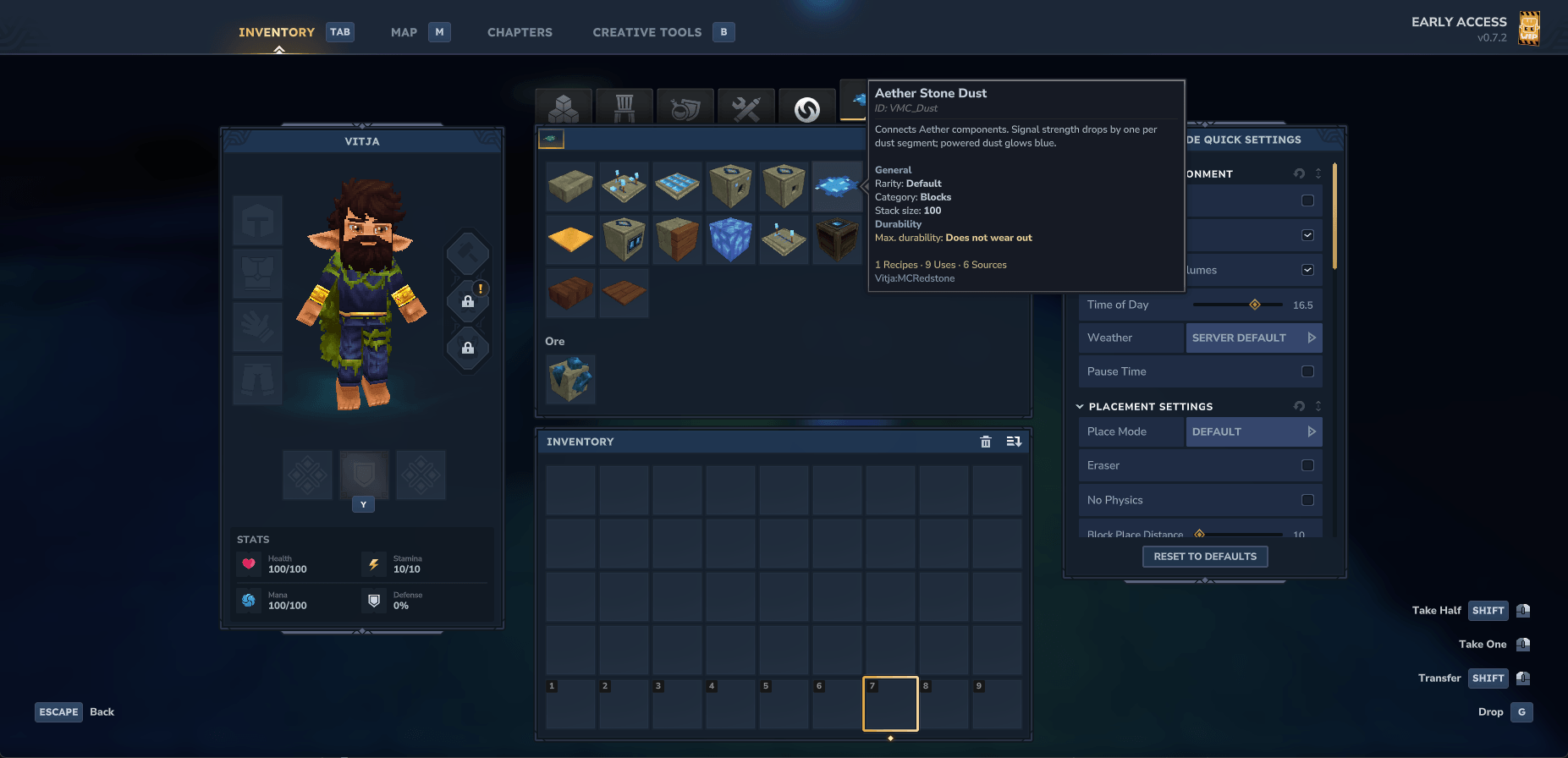English Aether dust tooltip, captured in version 0.6.7 before the Creative subtab update