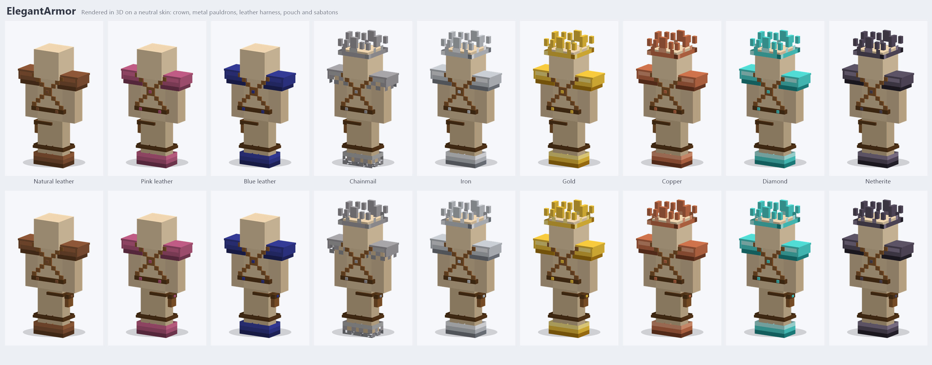 Thumbnail Every supported armor, shown on a neutral skin from the front (top) and the back (bottom): three leather versions (natural, pink, blue), chainmail, iron, gold, copper, diamond and netherite.