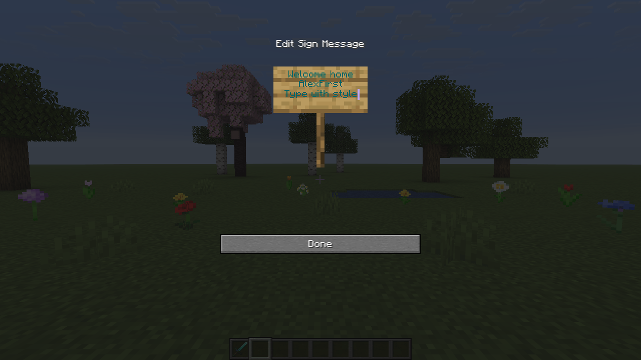 Thumbnail Animated typing and deletion on all four sign lines, with a smooth lavender caret. Real Minecraft capture.