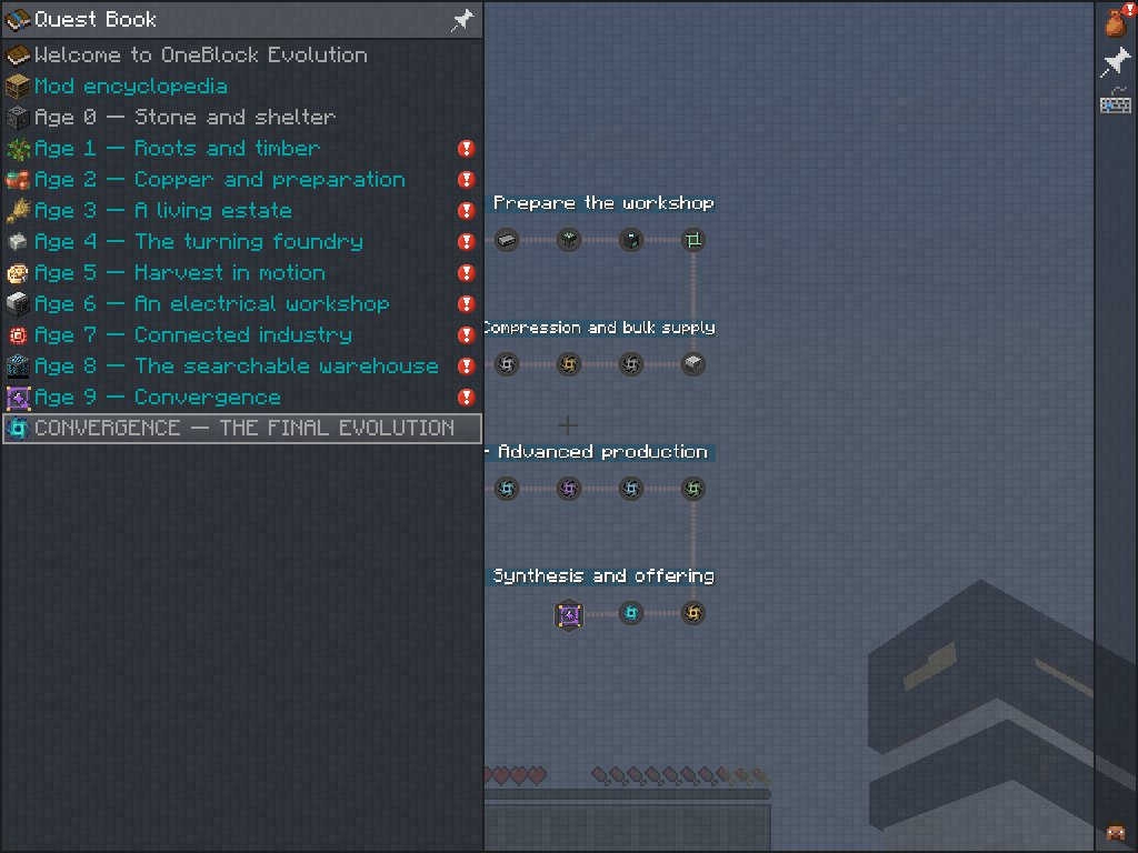 Thumbnail Authentic native FTB screen after laboratory age-nine synthesis. Unlock fixture, not a completed Survival campaign. Capture FTB authentique apres synthese age 9 en laboratoire ; pas une campagne Survival terminee.