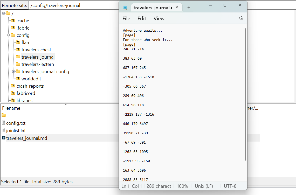 The default journal's travelers_journal.md open in a text editor