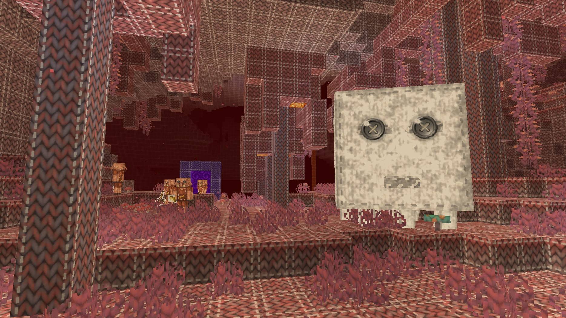Thumbnail A ghast with button eyes floating over a knitted crimson forest.